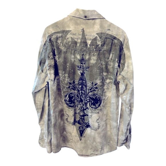 PETROL Grey rhinestone Cotton MEN’S Large LONG SLEEVE Western Shirt. Pearl snaps - Picture 2 of 8